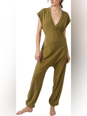 Free People Olive Utility Hot Shot V-Neck Jumpsuit